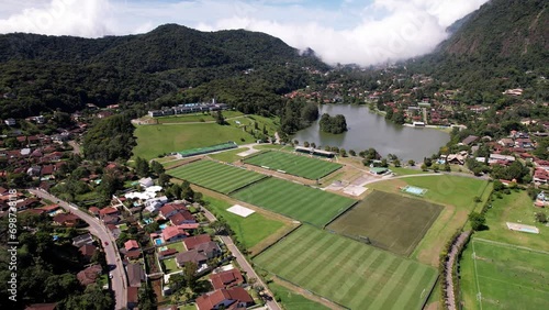 Aerial drone orbit of Granja Comary in the high altitude city of Teresopolis, the headquarters and main training center of the Brazil national football team photo