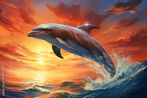 Dolphin dreamscape a tranquil sky meets a calm sea  evoking serenity