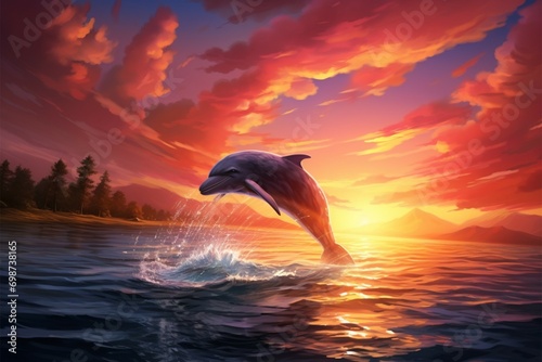 Tranquil seascape dolphins grace the sky and sea  creating a serene spectacle