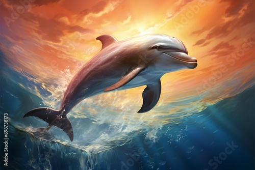 Skyward delight dolphins soar in a tranquil sky above the serene sea