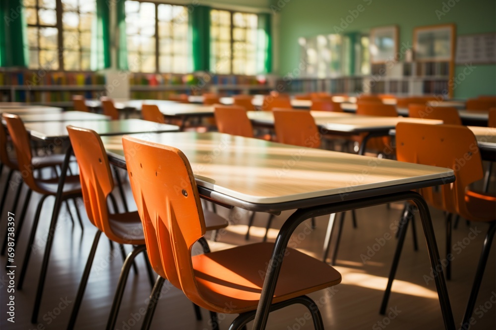 Classroom solitude An empty class view against a blurred background