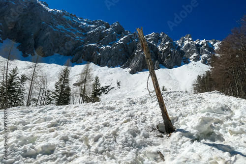 Wooden stick striking out of the snow field with Panoramic view of Karawanks mountain range on sunny day in Carinthia, Austria. Looking at snow capped summit of Vertatscha and Hochstuhl. Austrian Alps photo