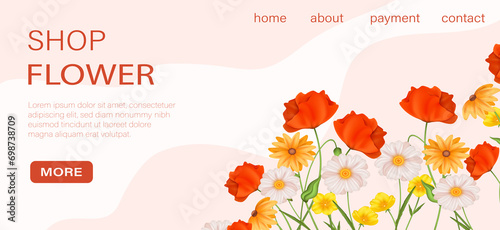 Realistic floral landing page template with beautiful colorful flowers