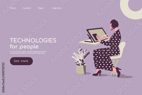 Hand drawn people using technology landing page
