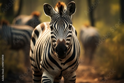 Wild symmetry zebras detailed portrait set against the forest backdrop