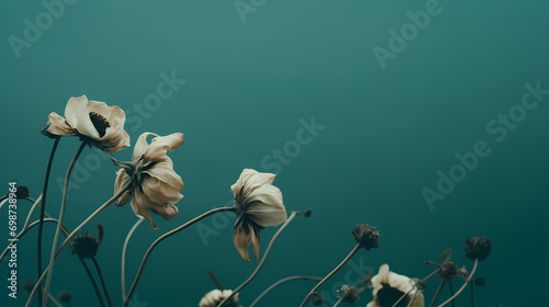 Withered floral background, dark withered and dry flowers on blue green soft background with copy space, nostalgic, melancholy mood photo