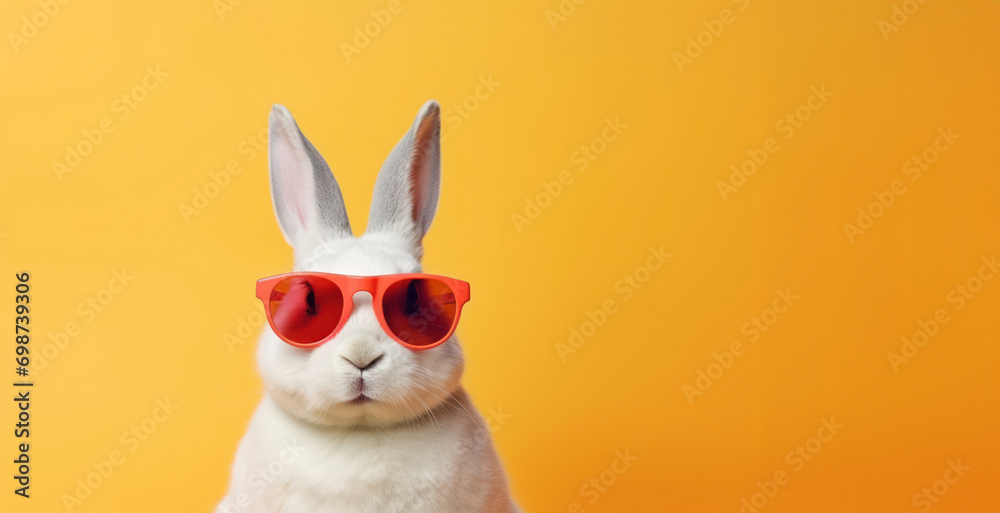 Cool White Rabbit Sporting Red Sunglasses Against a Sunny Orange Background