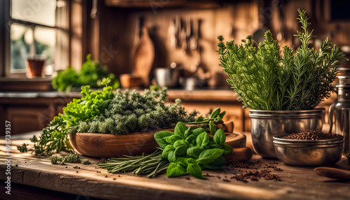 frische grüne Kräuter und Gewürze liegen in Bündeln lose oder in Schalen auf einem alten Holztisch in der Küche, bereit um für Essen, kochen, braten zubereitet zu werden, Hintergründe Feinschmecker 