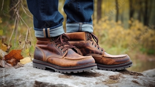 Brown leather boots on a man in nature. Detailed photo