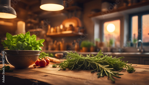 frische grüne Kräuter und Gewürze liegen in Bündeln lose oder in Schalen auf einem alten Holztisch in der Küche, bereit um für Essen, kochen, braten zubereitet zu werden, Hintergründe Feinschmecker 