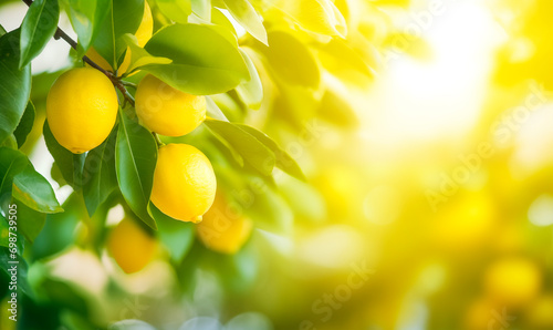 Lemon tree branch close-up in fruit orchard background with copy space