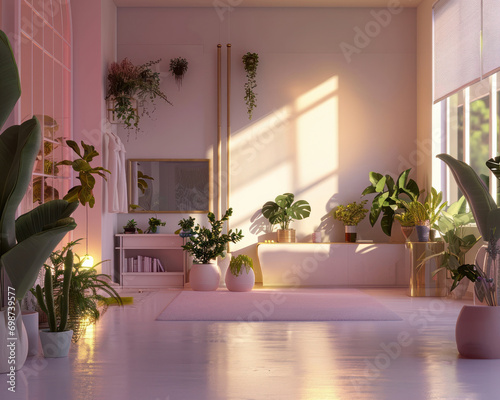 Warm sunlight bathes a spacious living room filled with an assortment of lush houseplants and modern decor