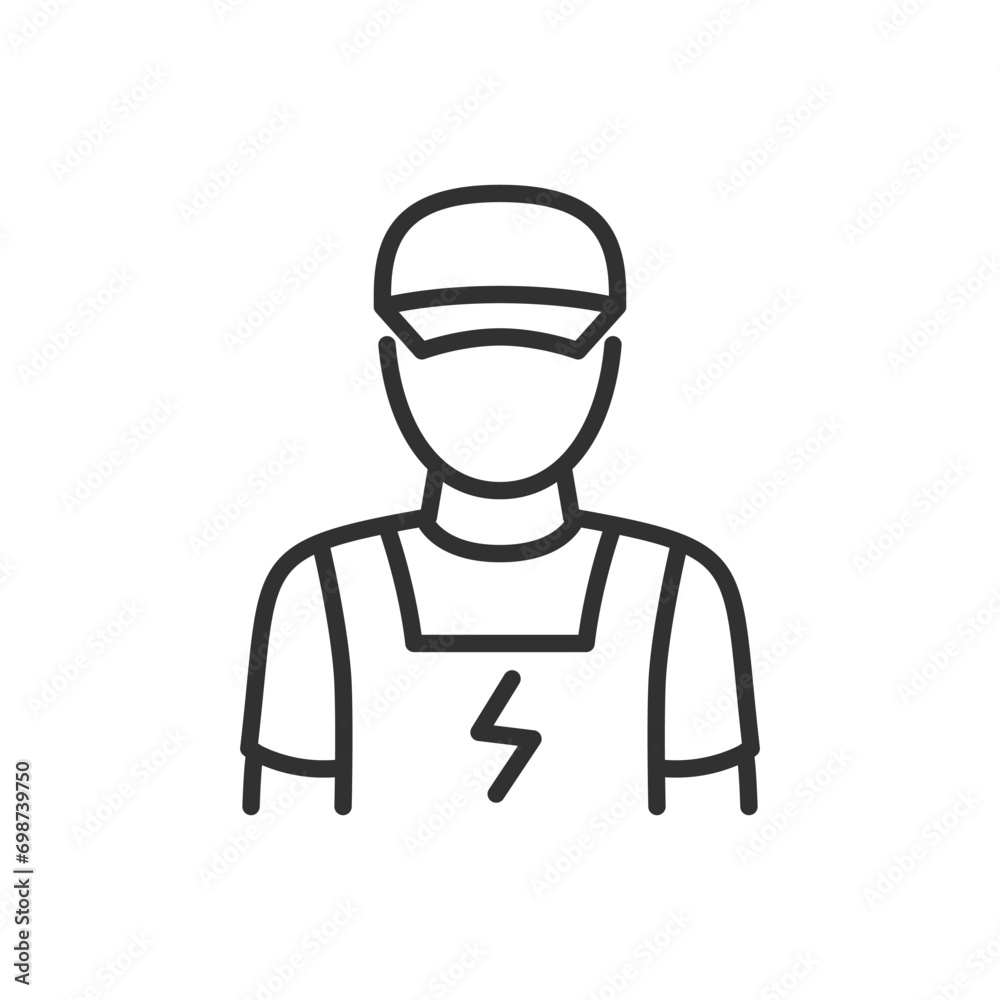Electrician, linear icon. A person dressed as an electrician, an employee, a professional. Line with editable stroke