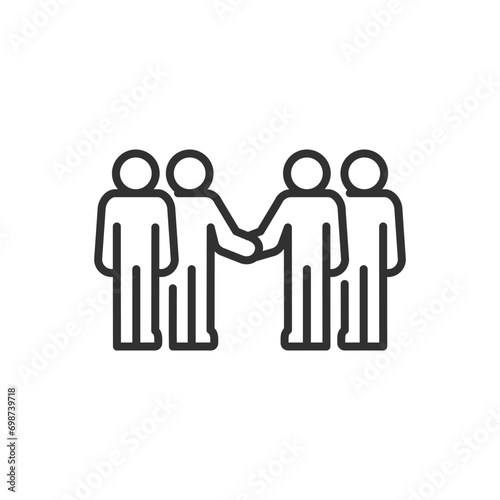 Business meeting, linear icon. A group of people in a meeting and shaking hands. Line with editable stroke
