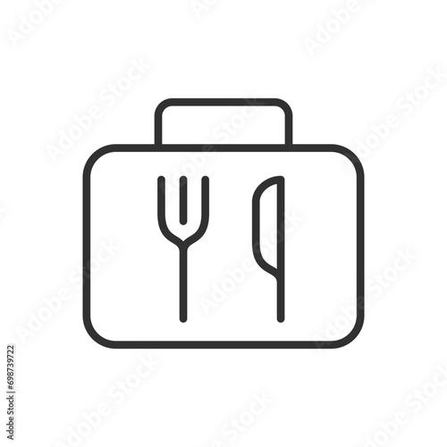 Food container, linear icon, fork and knife. Line with editable stroke