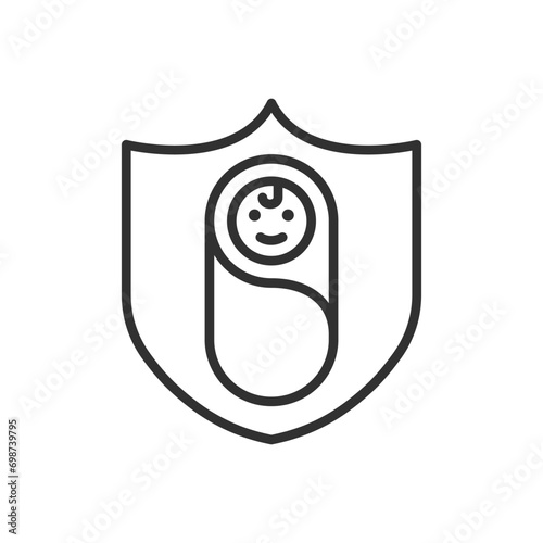 Child protection, linear icon. Child protection insurance. Infant and shield. Line with editable stroke