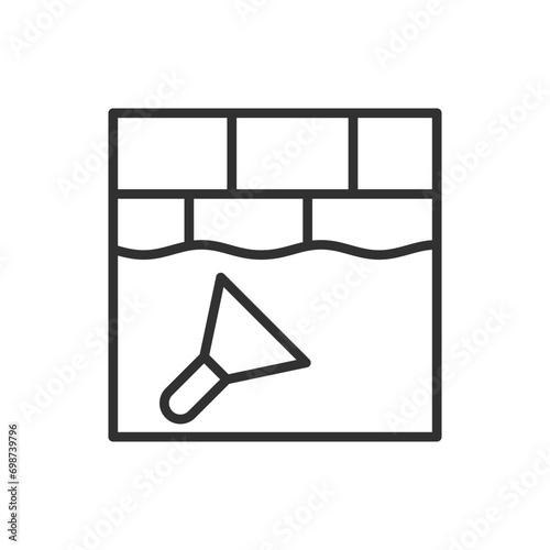 Plastering walls, linear icon, layer over bricks to level the surface. Line with editable stroke