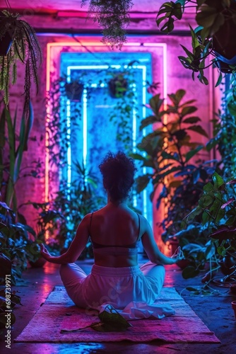 A tranquil yoga setting with a person meditating in the midst of neon lights and a decorative waterfall