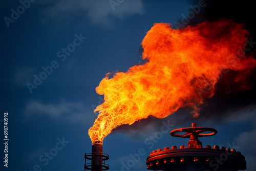 Natural gas refinery plant. Fire from pipe of Processing factory. Oil crude and gas refineries. Petrochemical plant Smoking chimneys. Toxic Smoke, Air Pollution, CO2 Crisis. Carbon dioxide emissions. photo
