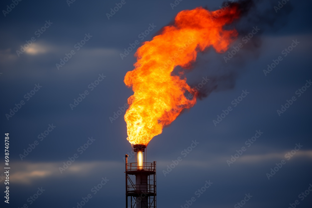 Natural Gas Refinery Plant. Fire From Pipe Of Processing Factory. Oil 