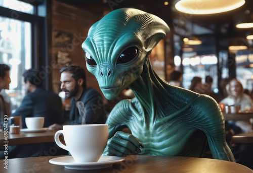 Alien Being Relishing Coffee Delights in Chic Cafe