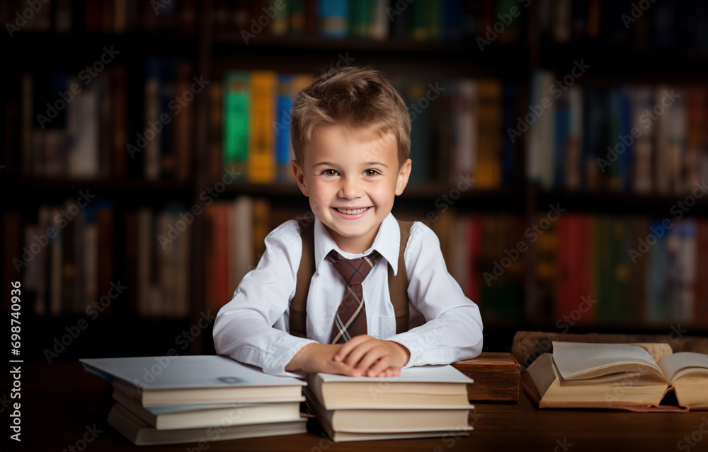happy student child in a library surrounded by books happy student child in a library surrounded by books