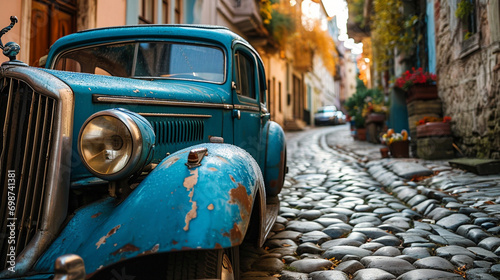 Vintage Blue Carriage: An antique blue car parked on a cobblestone street, radiating a nostalgic charm amidst the quietude of a Blue Monday