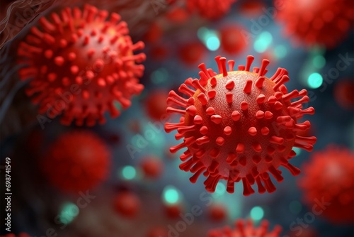Pandemic alert 3D rendering of COVID 19 virus cells in medical illustration © Jawed Gfx