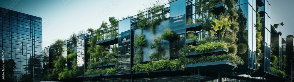 Fototapeta premium Umweltfreundliches Wohnen, Ökologisches und energieeffiziente Immobilie mit begrünten Fassaden, grünes Arbeiten