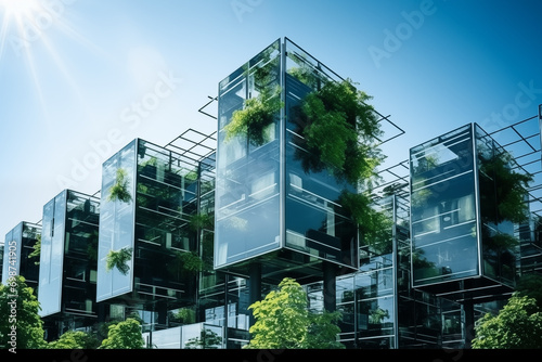 Umweltfreundliches Wohnen, Ökologisches und energieeffiziente Immobilie mit begrünten Fassaden, grünes Arbeiten photo