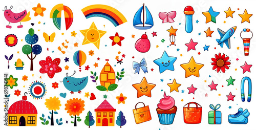 Watercolor children's clipart set isolated on a white background for crafts, invitations, scrapbooking, art project, stickers