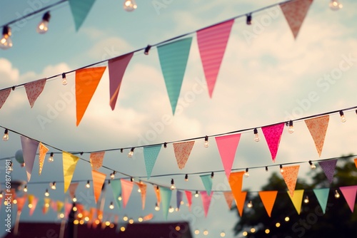 Vibrant festoons Colorful bunting flags and bulbs against the sky