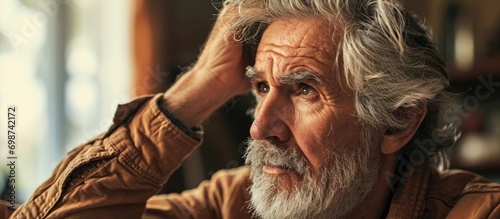 Prematurely aged person inspecting hair for graying.