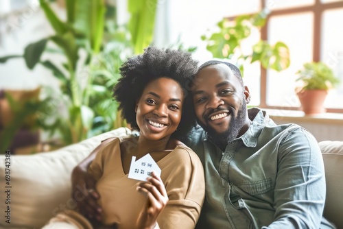 relations and people concept - happy african american couple sitting on sofa at home holding a paper home