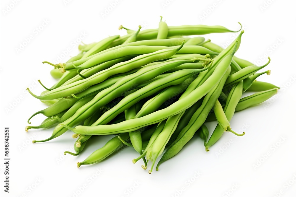 Fresh green beans on white backdrop for ads and packaging designs, visually captivating. Fresh green beans on white backdrop for ads and packaging designs, visually captivating.