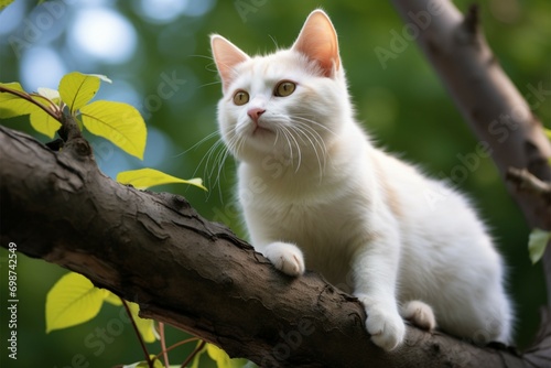 Charming sight a white cat on a tree branch epitomizes serene, natural elegance © Jawed Gfx