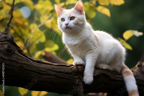 Charming sight a white cat on a tree branch epitomizes serene, natural elegance
