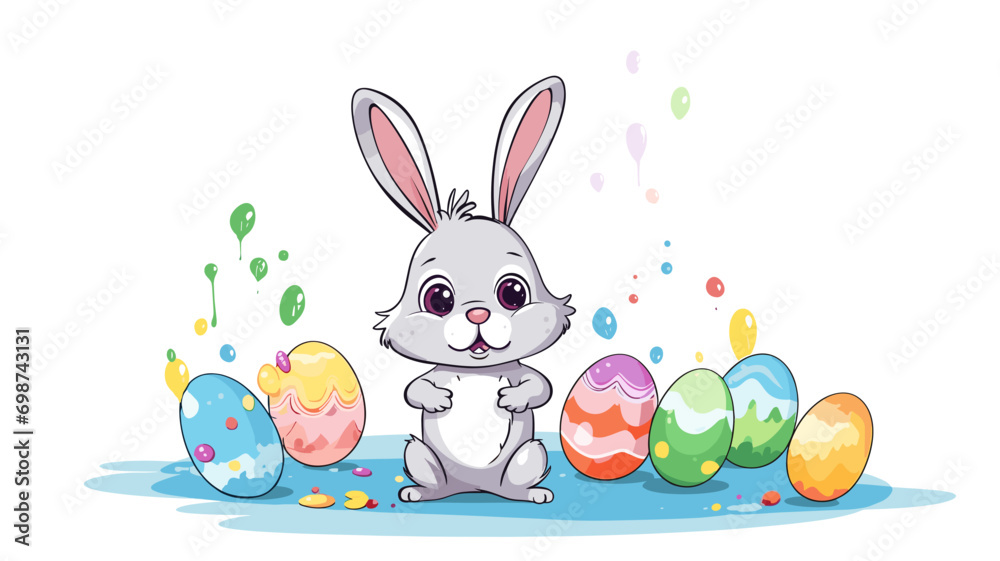 copy space, simple vector illustration, cute easter bunny painting easter eggs with a brush, cartoon hand drawn style appealing to children. Beautiful background for easter, invitation card, greeting copy space, simple vector illustration, cute easter bunny painting easter eggs with a brush, cartoon hand drawn style appealing to children. Beautiful background for easter, invitation card, greeting