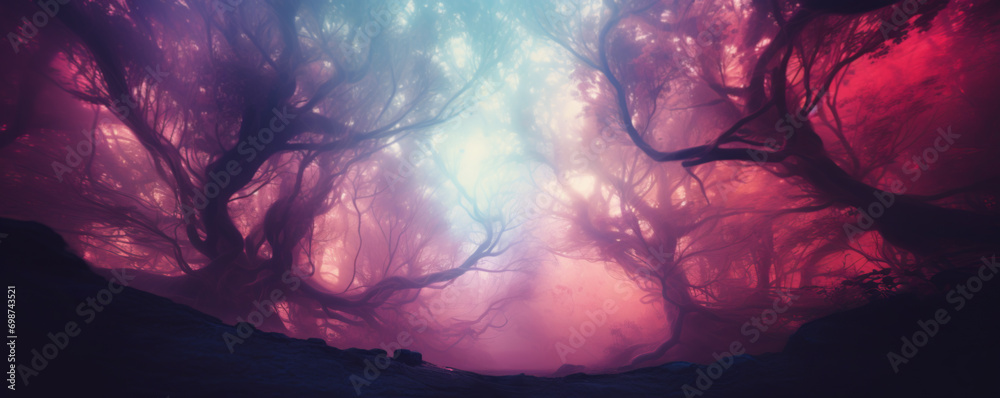 Blurred, mystical, natural background of trees. Bottom view banner