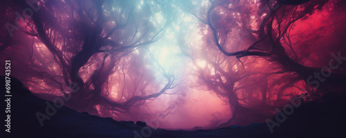 Blurred, mystical, natural background of trees. Bottom view banner