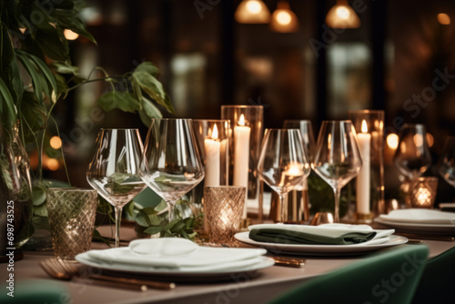 Elegant table setting with beautiful flowers and candles in restaurant