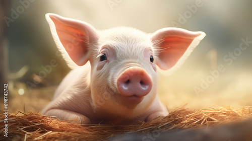 Close-up image of a little pig in a farm. Blurred background.
