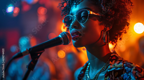 Black female singer on stage, colorful concert lights in background. photo