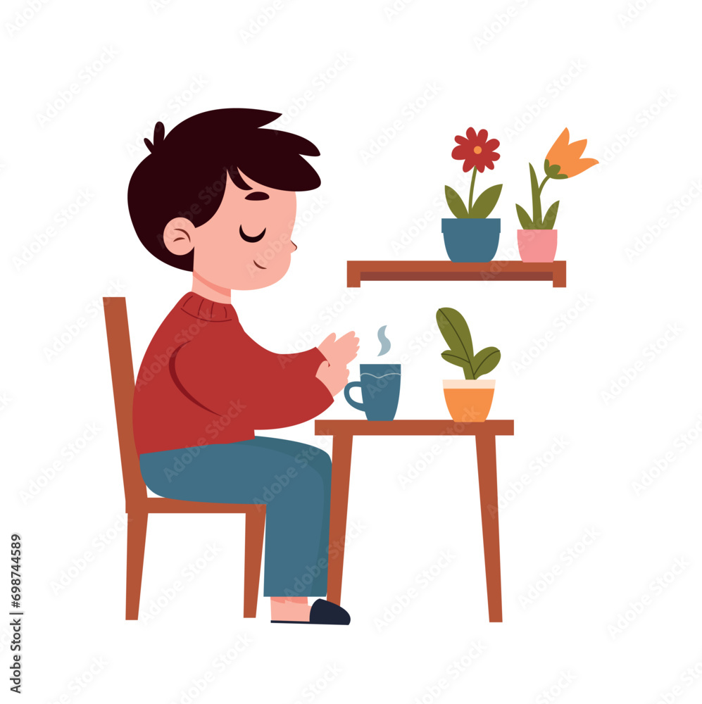  boy sitting at the table and drinking coffee vector Illustration