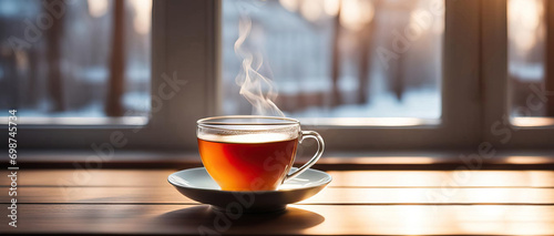 Hot tea by the winter window with copy space photo