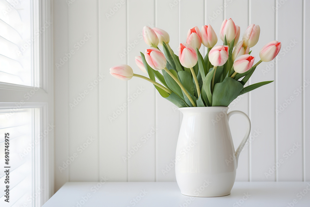 pink tulips in white ceramic vase on wooden table - obrazy, fototapety, plakaty 