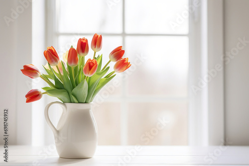 red tulips in white ceramic vase on wooden table