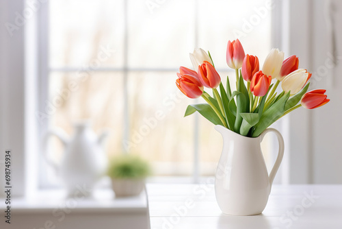 red tulips in a vase in front of a kitchen window photo