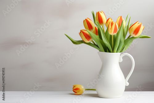 Colorful tulips in white vase on the table
