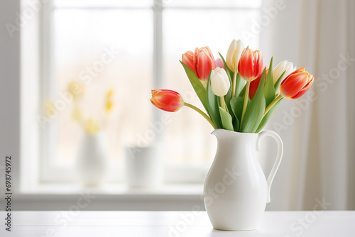 A bouquet of tulips on a white table